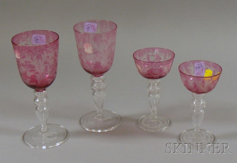 Appraisal: Four Pieces of Steuben Etched Cranberry Cut to Clear Glass