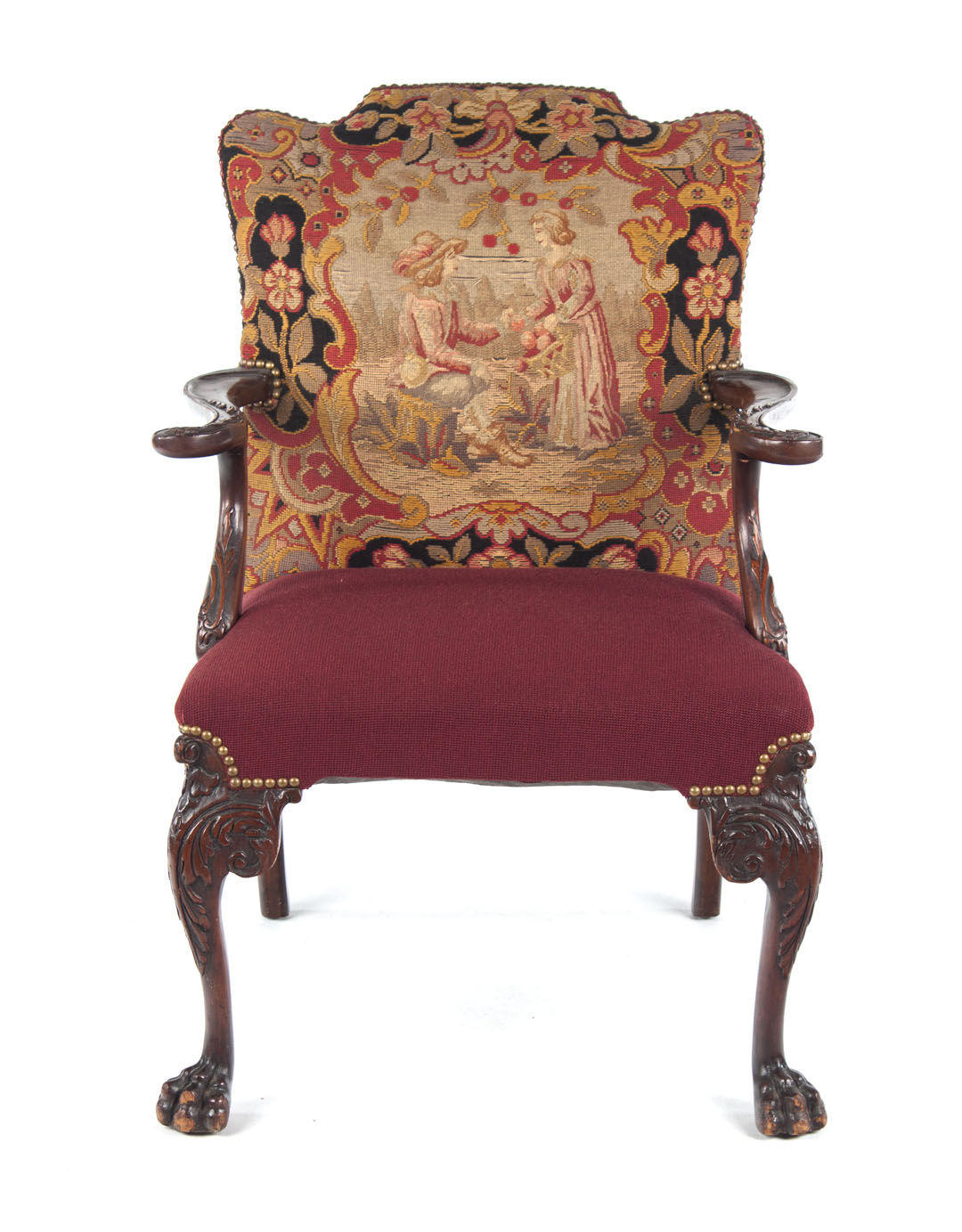 Appraisal: George II style walnut armchair shaped needlepoint upholstered back scroll