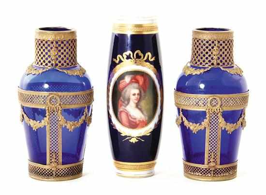 Appraisal: Pair French ormolu-mounted cobalt-glass vases and Viennese vase late th