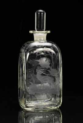 Appraisal: An Engraved Glass Decanter Stopper Marked Hawkes Rectangular shape clear