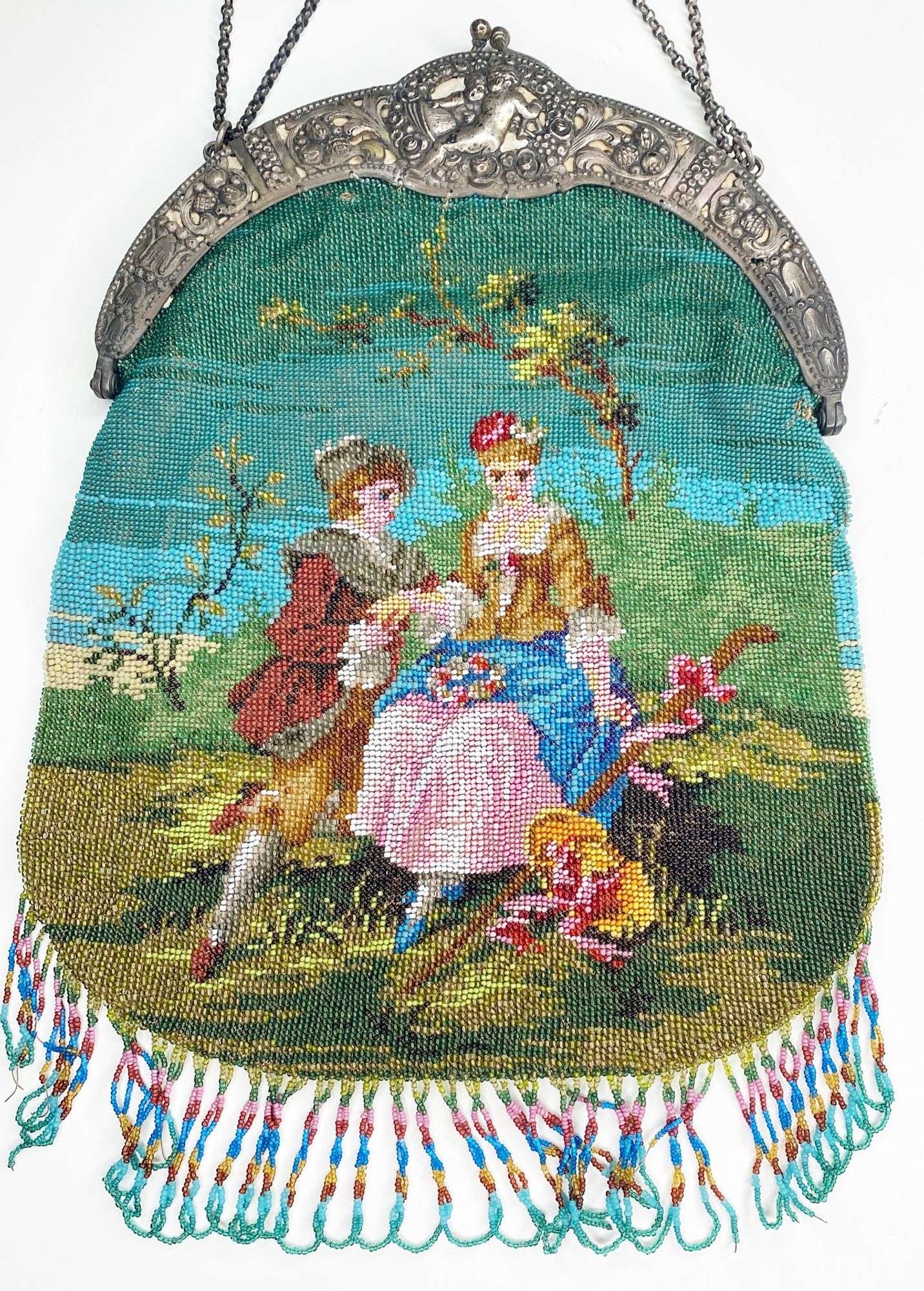 Appraisal: Micro Beaded Purse with Courting Couple and Silver Cherub Frame