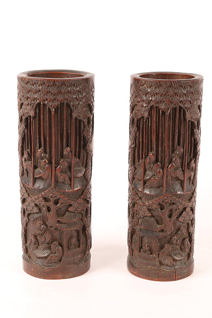 Appraisal: A PAIR OF LATE TH CENTURY CARVED BAMBOO BRUSH POTS