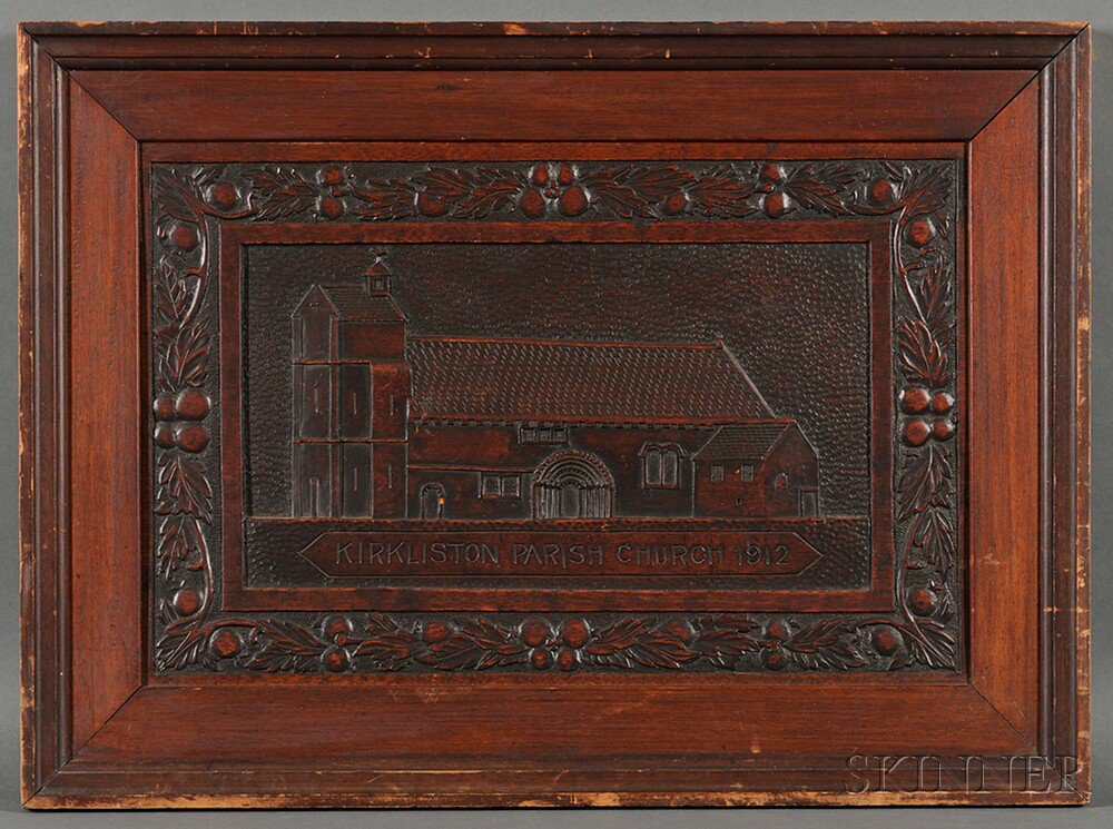 Appraisal: Carved Arts and Crafts Panel Showing the Kirk likely Kirkliston