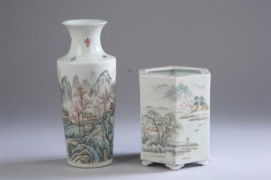 Appraisal: CHINESE FAMILLE ROSE PORCELAIN VASE AND BRUSH POT Early th