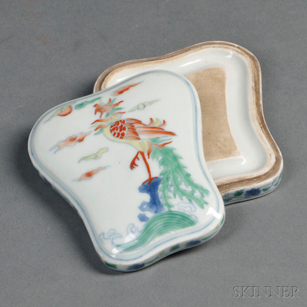 Appraisal: Doucai Porcelain Inkstone China baijiao fan shape the cover painted