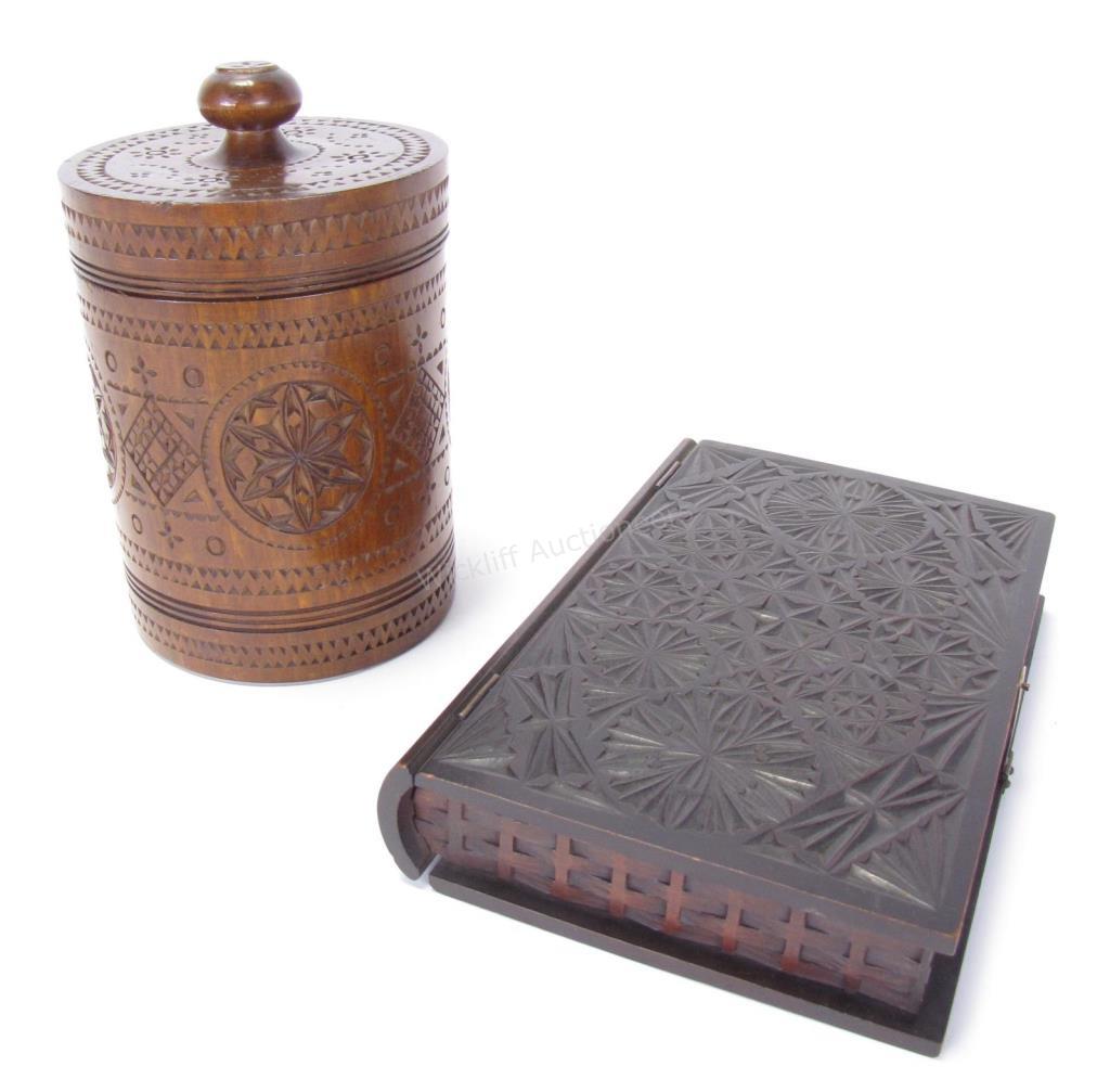 Appraisal: Chipped wood Tobacco Canister and Book Box cylindrical tobacco canister