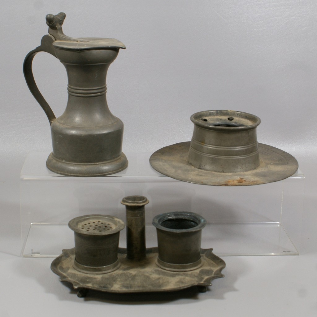 Appraisal: Pewter desk stand with sander and inkwell another inkwell and