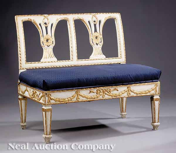 Appraisal: A Continental Carved and Painted Classical-Style Bench rectangular back with