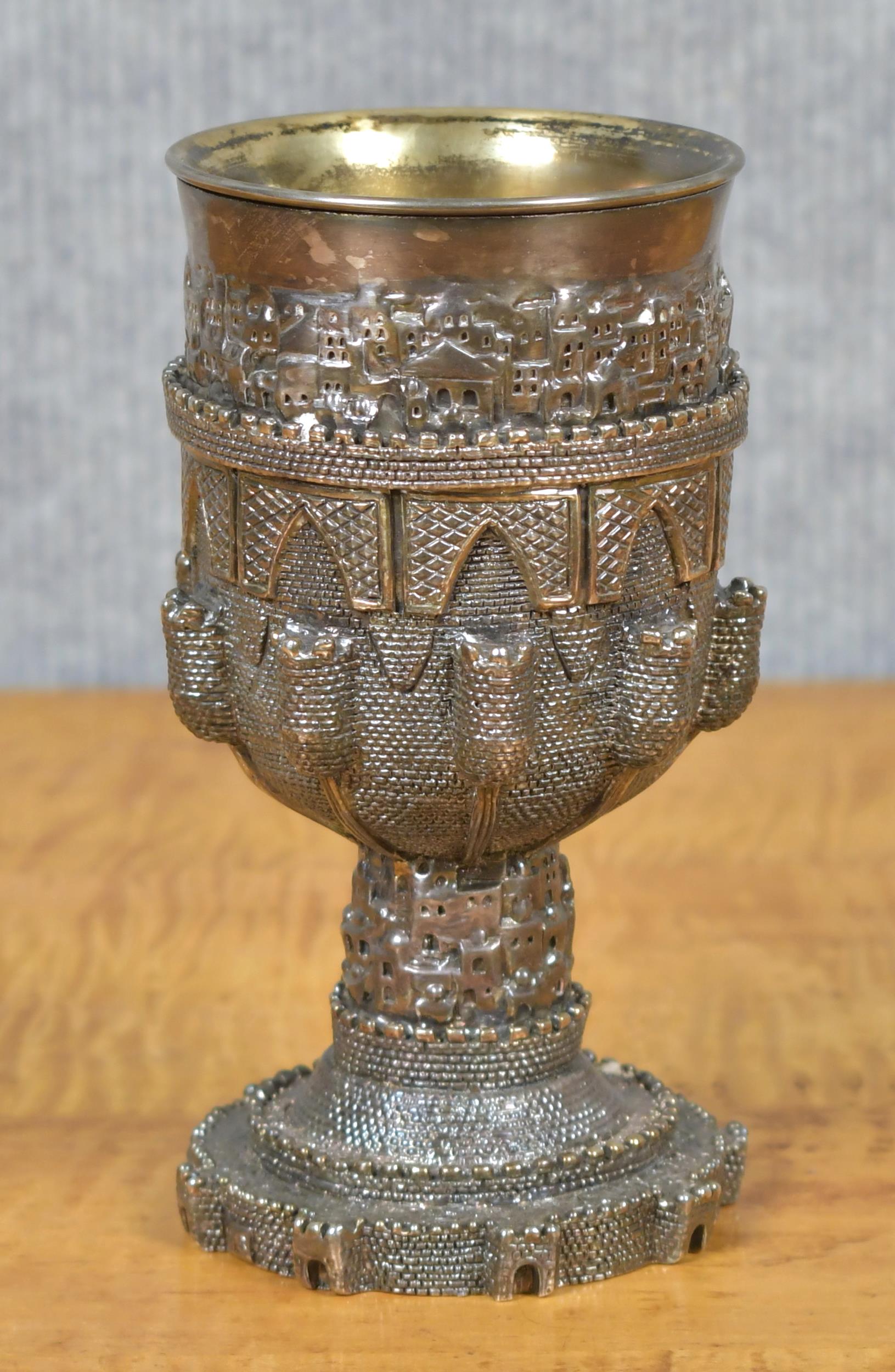 Appraisal: JUDAICA SILVER KIDDUSH CUP Ornately designed gilt silver cup marked