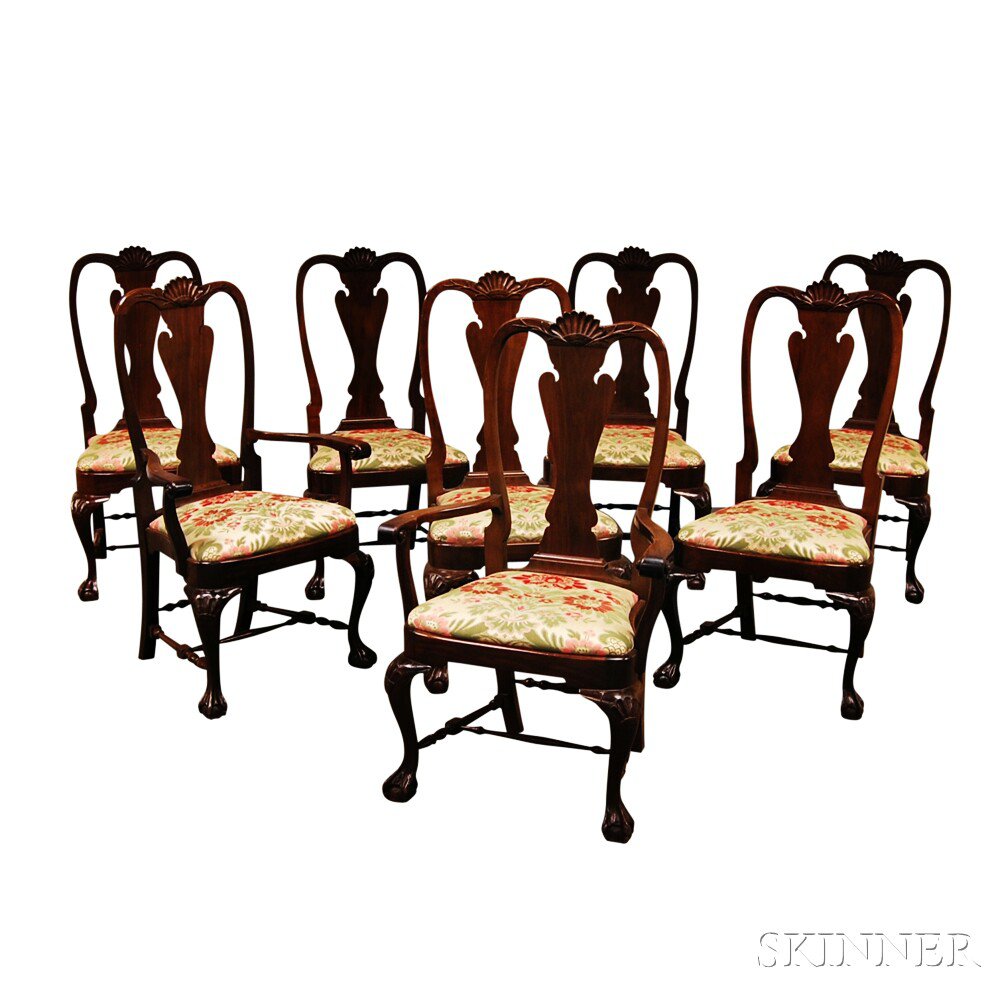 Appraisal: Set of Eight Queen Anne-style Carved Mahogany Chairs two arms