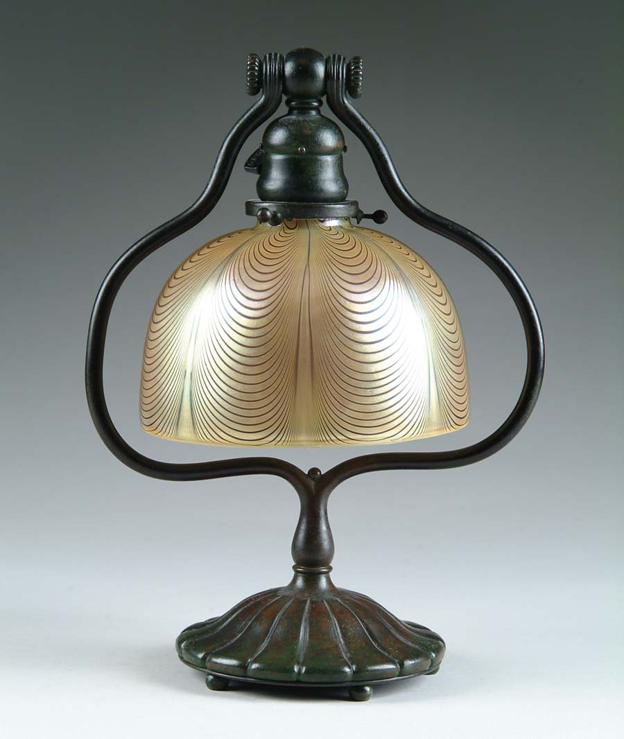 Appraisal: HARP DESK LAMP Beautiful Tiffany bronze harp base has deep