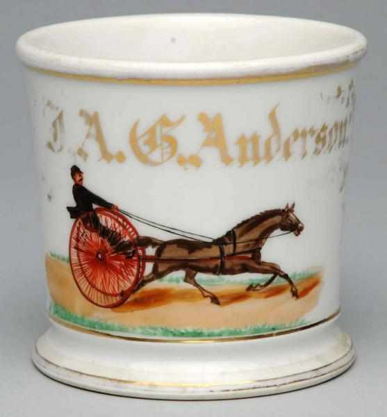 Appraisal: Horse-Drawn Race Horse Shaving Mug Gilt name J A G