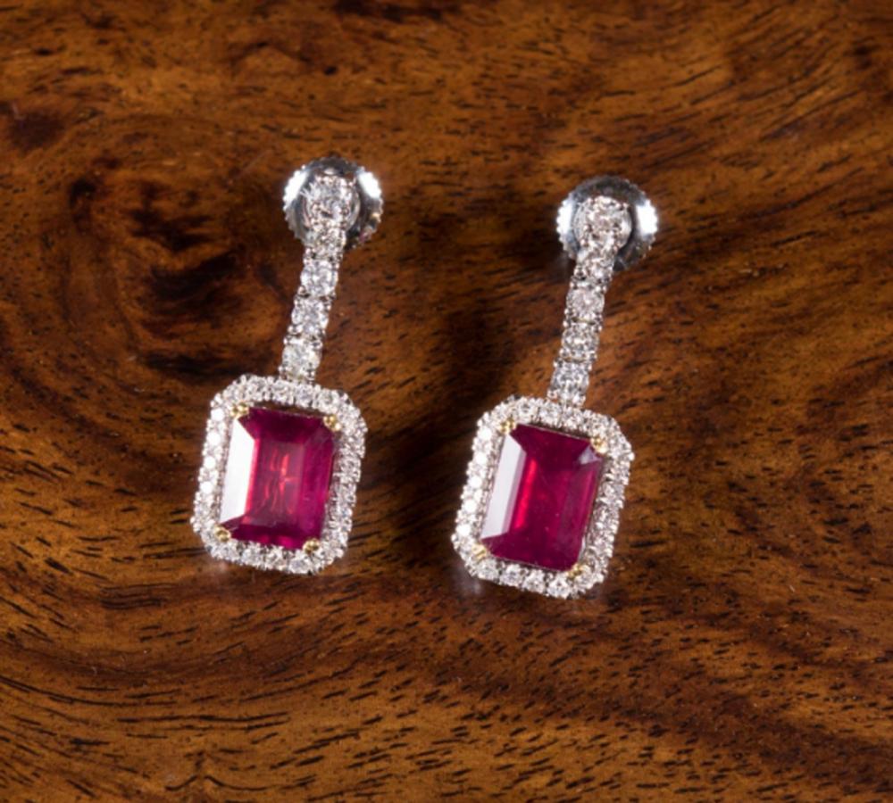 Appraisal: PAIR OF RUBY AND DIAMOND DANGLE EARRINGS WITH GEMSTONE REPORT