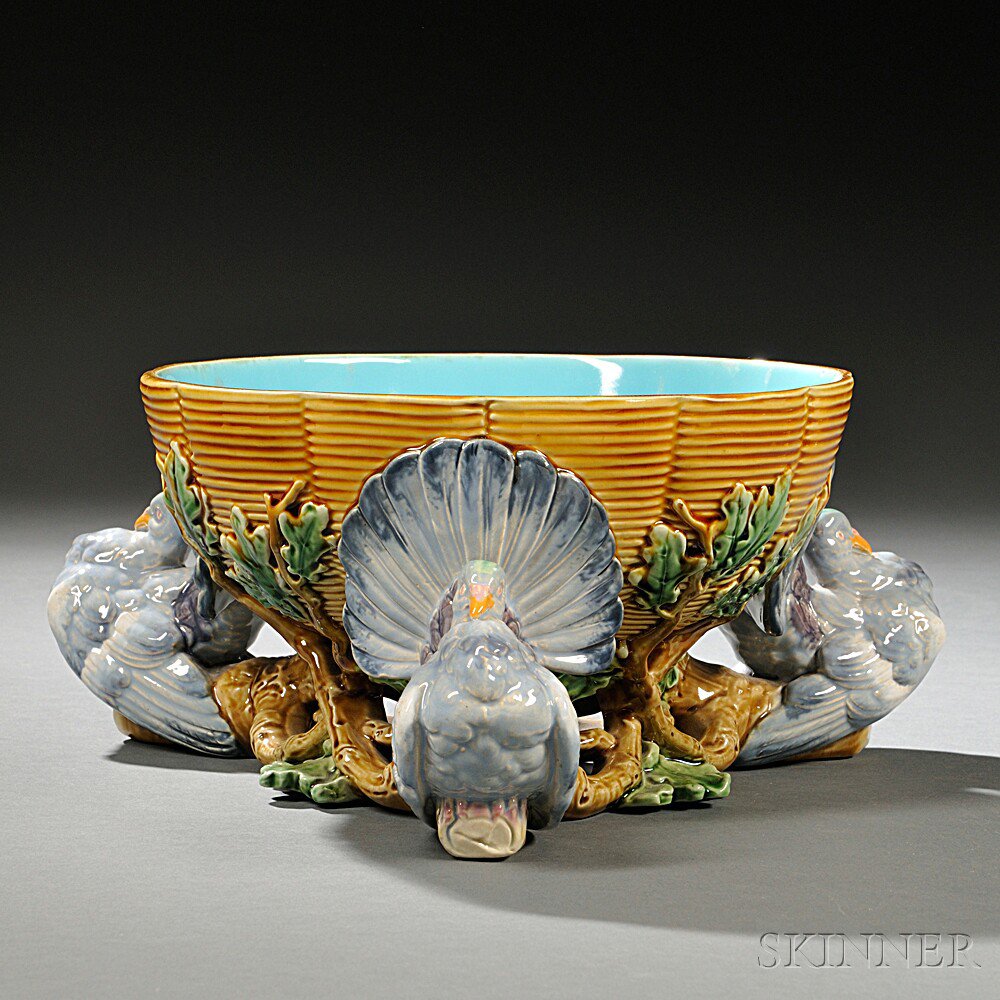 Appraisal: Minton Majolica Pigeon Serving Bowl England the scalloped wicker-work bowl