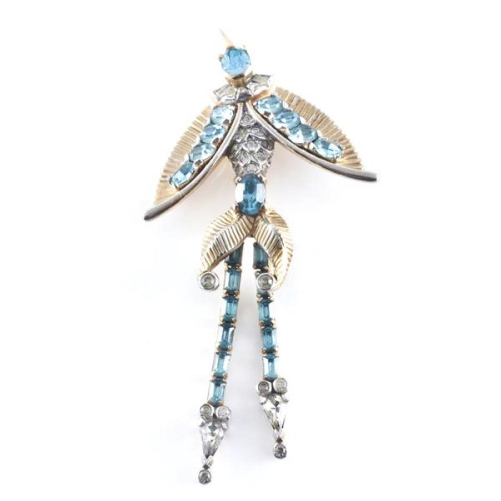 Appraisal: MAZER GOLD TONE BIRD PIN BROOCH WITH AQUA AND DIAMANTE