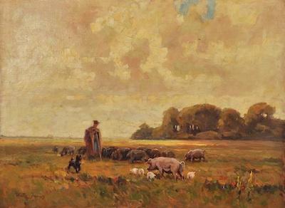 Appraisal: Janos Rokosi-Uitz Hungarian b Landscape with herdsman a drove of