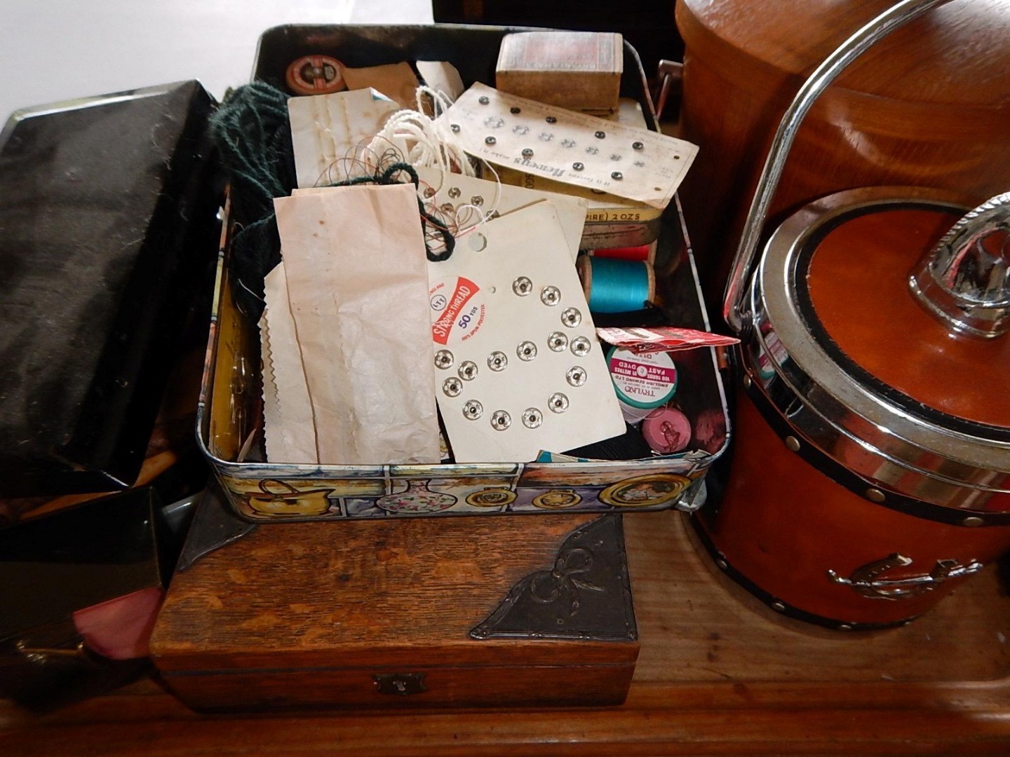 Appraisal: An assortment of treen a two handled tray and sewing