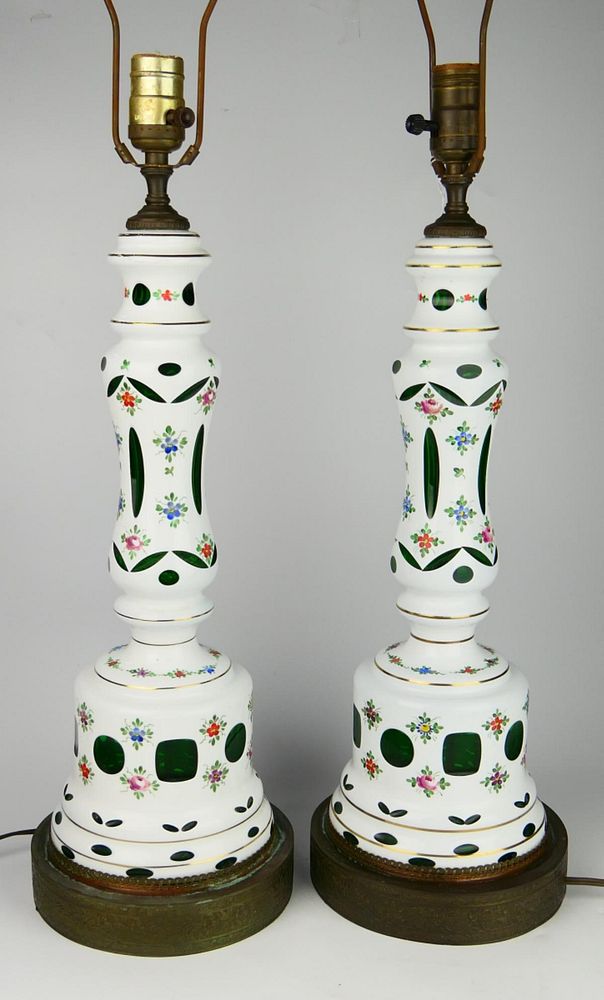 Appraisal: PAIR OF BOHEMIAN TALL WHITE TO GREEN FLORAL LAMPS Each