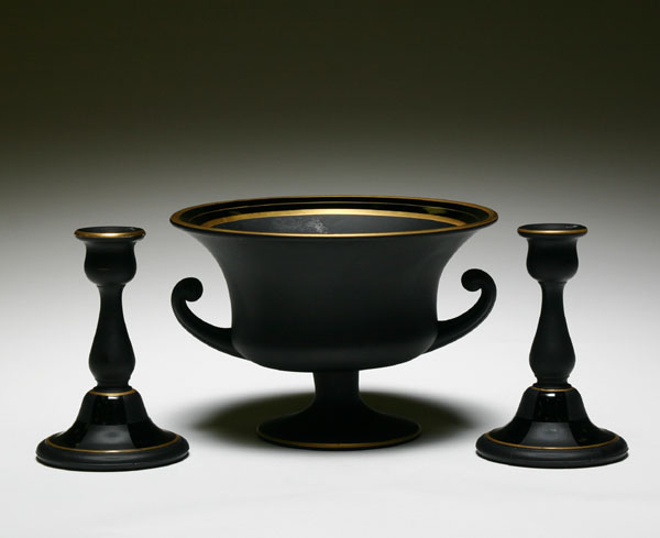 Appraisal: Ebony glass console set with gilt border Bowl H Good