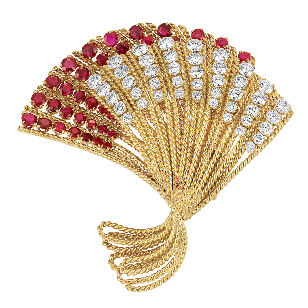 Appraisal: Gold Ruby and Diamond Fan Brooch Van Cleef Arpels kt