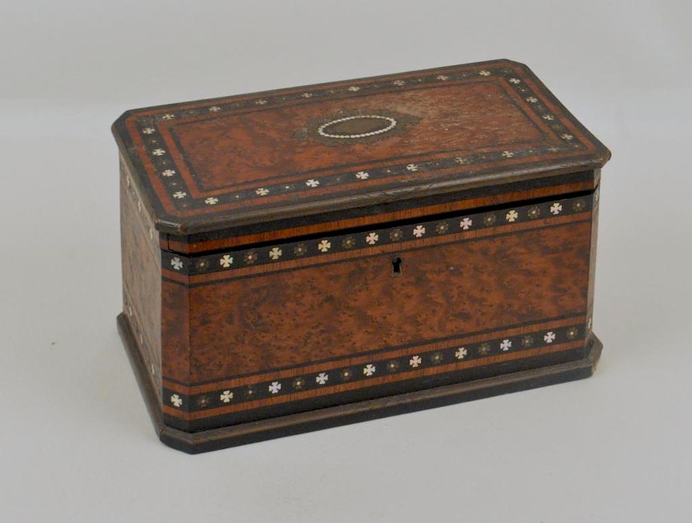 Appraisal: Tahan Freres Inlaid Burl Walnut Tea Caddy having mother of