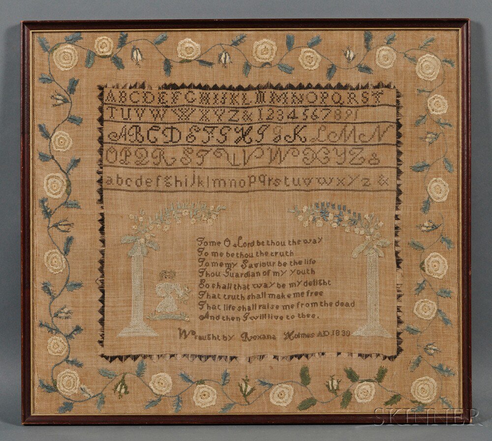 Appraisal: Needlework Sampler Wrought by Roxana Holmes AD stitched with silk