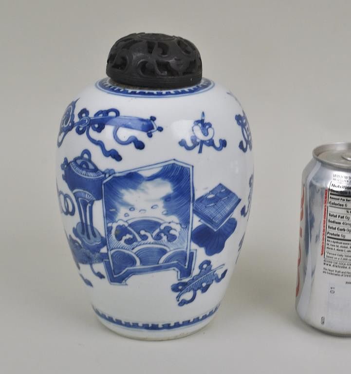 Appraisal: Chinese Blue White Porcelain Lidded Jar Kangxi period with hundred