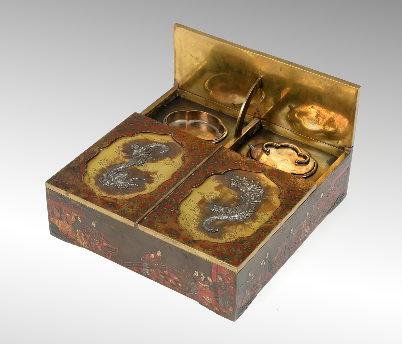 Appraisal: ASIAN BRONZE SILVER ENAMELED SUZURIBAKO BOX Heavy bronze Suzuribako writing