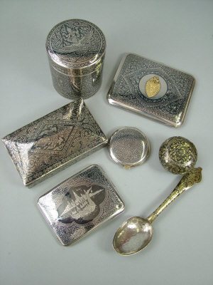 Appraisal: A collection of Thai white metal niello decorated items to