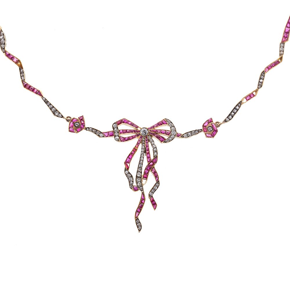 Appraisal: An Art Deco Ruby Diamond Bow Necklace in K c