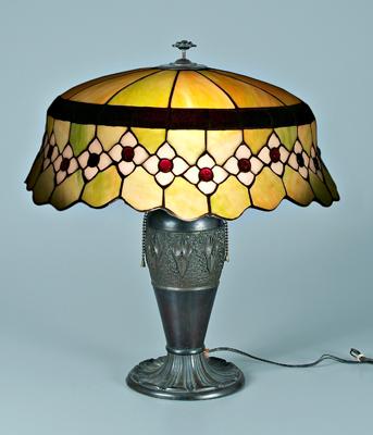 Appraisal: Tiffany style lamp and shade stained glass shade jeweled flowers