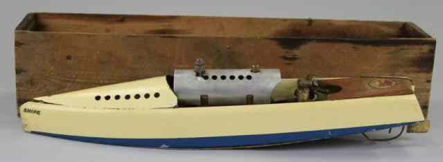 Appraisal: BOXED BOWMAN ''SNIPE'' SPEEDBOAT Steam powered wood hull metal deck