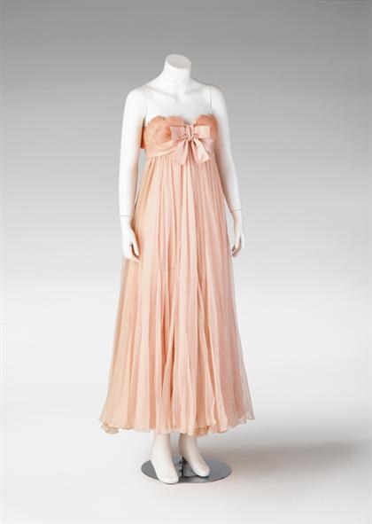 Appraisal: Strapless empire waist feathered bodice gown s Pink chiffon and