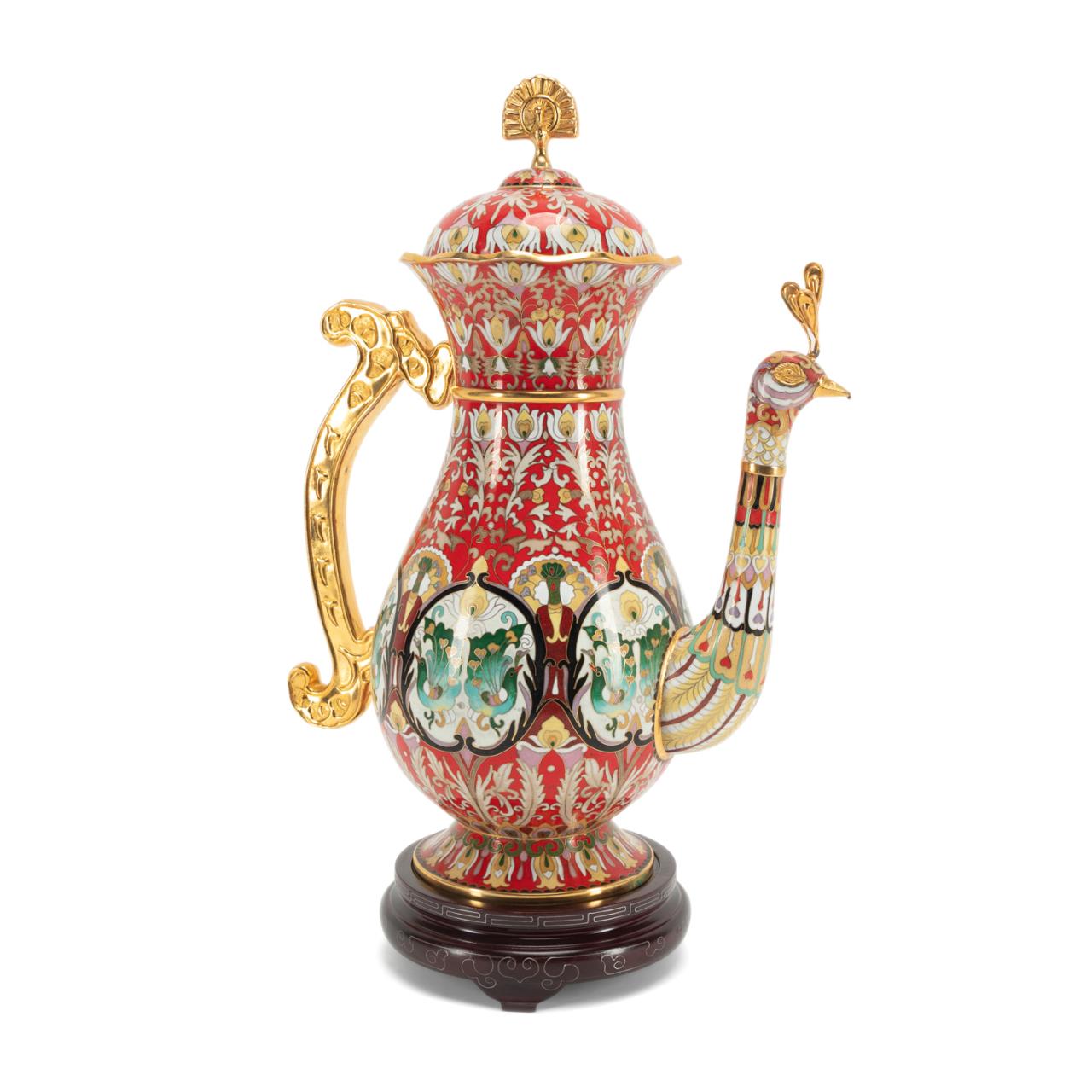 Appraisal: CHINESE CLOISONNE AND GILT PEACOCK EWER Chinese cloisonne enamel peacock