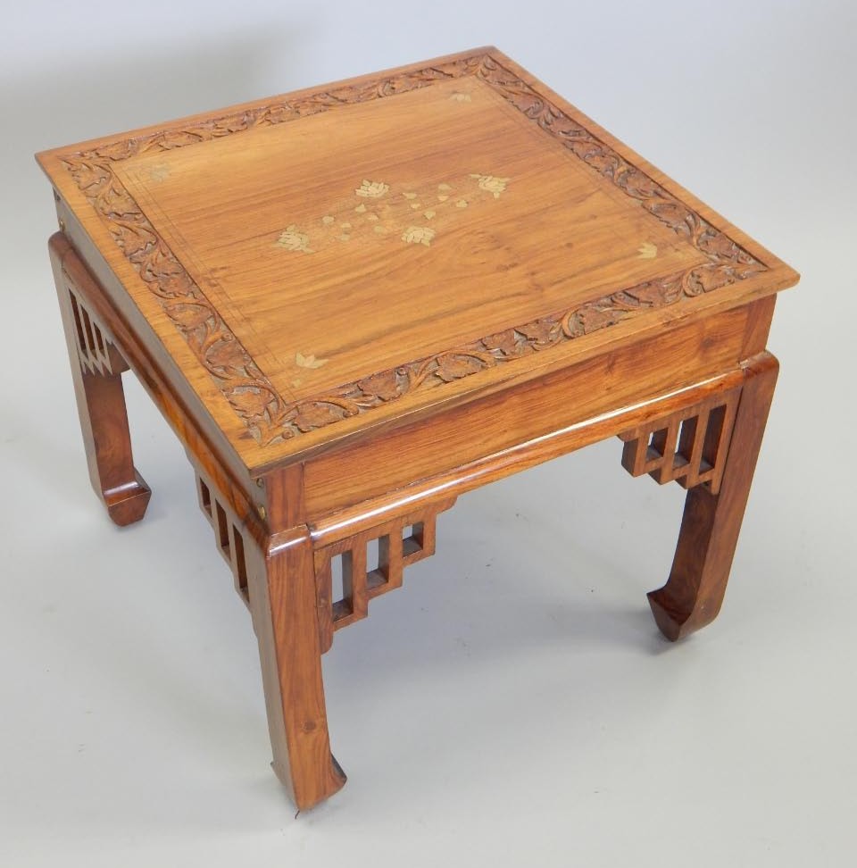 Appraisal: An Eastern hardwood and brass inlaid occasional table the square