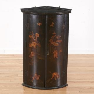 Appraisal: George III black japanned corner cupboard George III black japanned