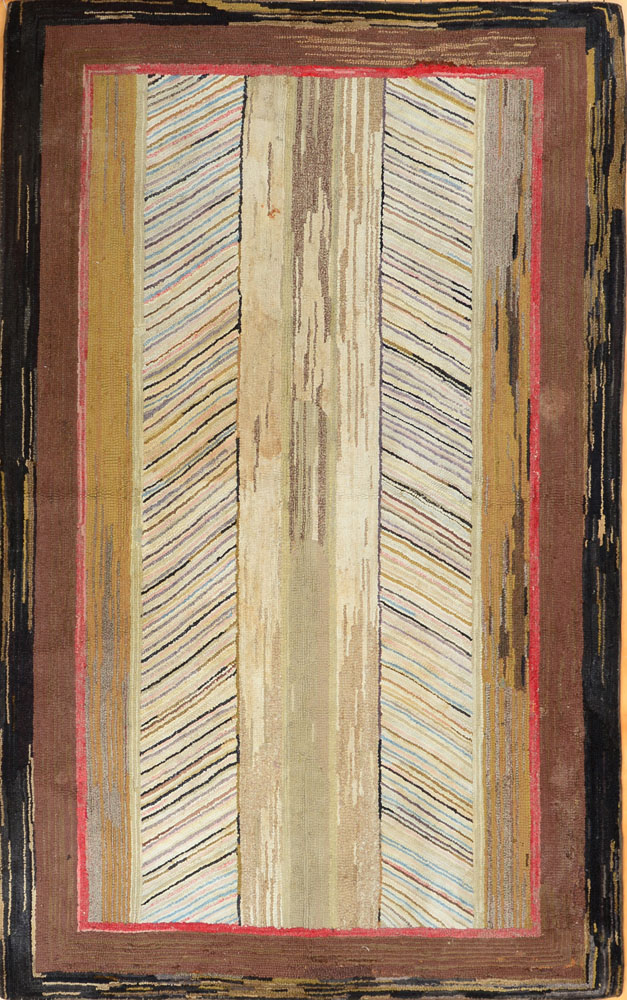 Appraisal: AMERICAN HOOKED RUG Worked with central bar and diagonal lines