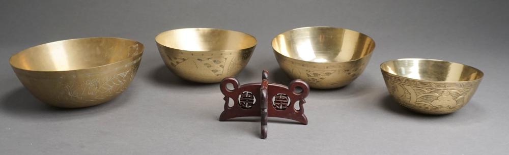 Appraisal: NEST OF FOUR CHINESE BRASS BOWLS WITH A WOOD STAND