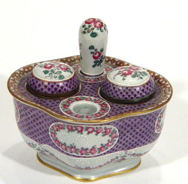 Appraisal: Samson porcelain desk stand fitted two inkwells with hinged covers