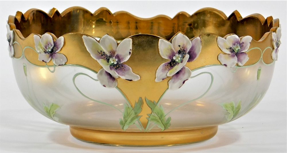 Appraisal: Moser Gilt Raised Enamel Pansy Art Glass Bowl Czechoslovakia Circa