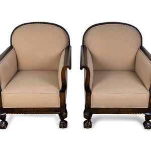 Appraisal: A Pair of Georgian Style Upholstered Mahogany Armchairs TH CENTURY