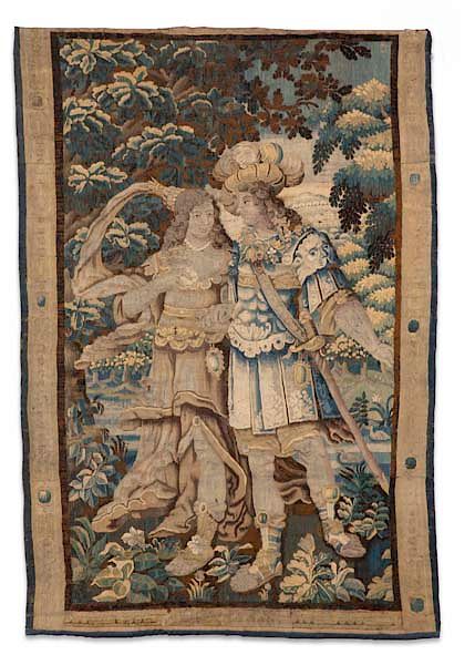 Appraisal: A Flemish Baroque tapestry fragment lady gent A Flemish Baroque