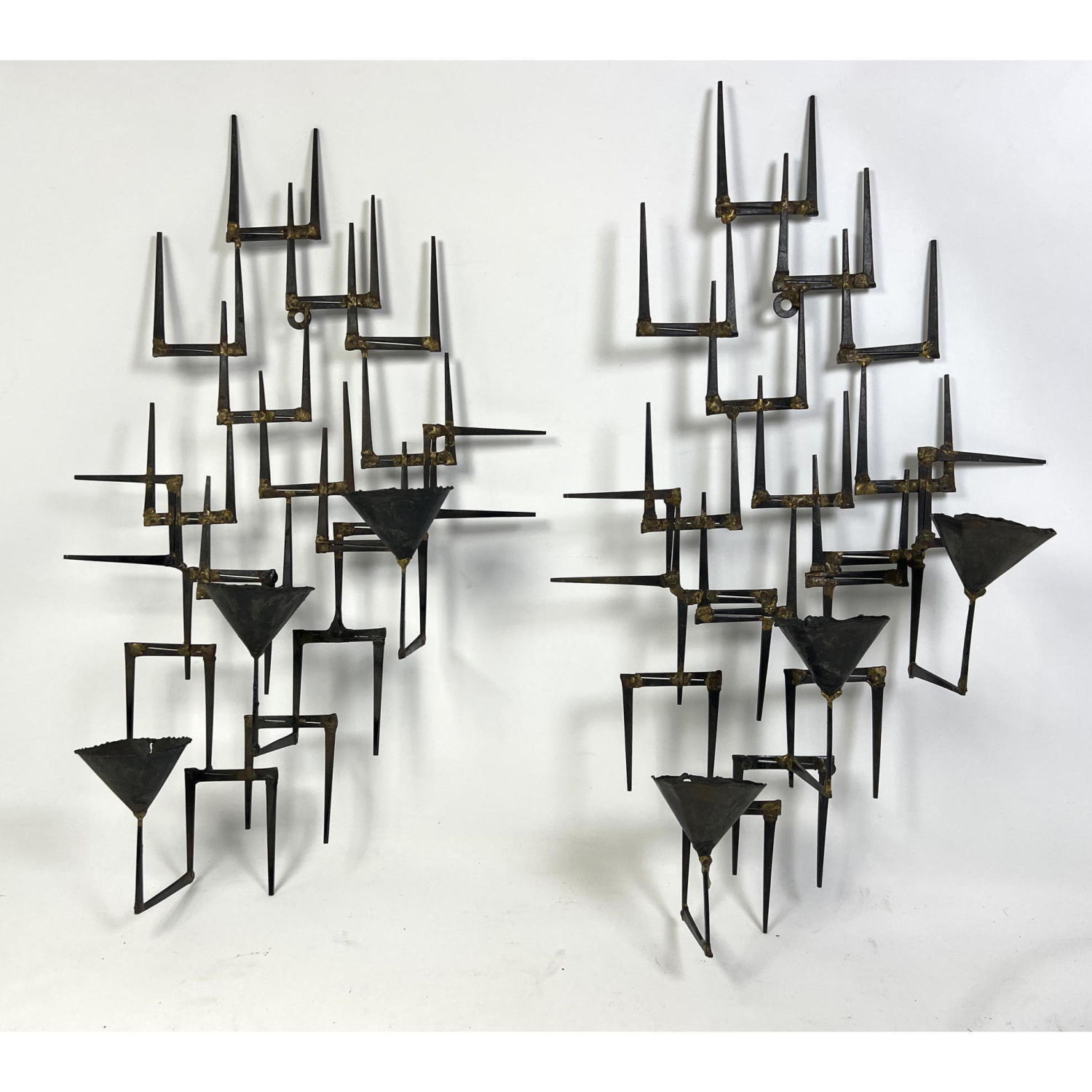 Appraisal: Pr Welded Nail head Iron Wall Sconces Brutalist Welded Metal