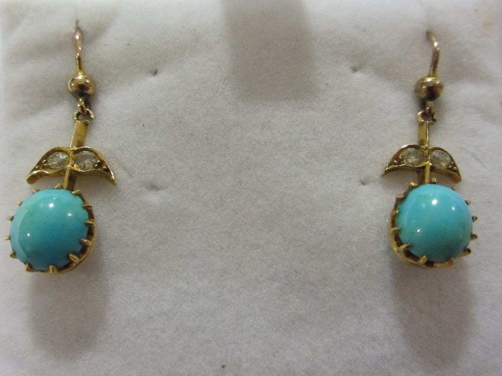 Appraisal: Pair of Edwardian gold turquoise and diamond set drop earrings