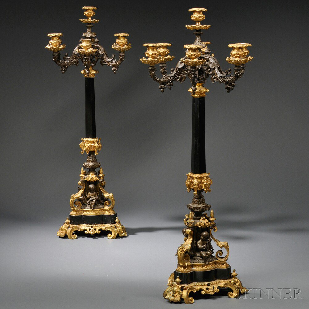 Appraisal: Pair of Neoclassical Seven-light Parcel-gilt Bronze and Slate Candelabra France