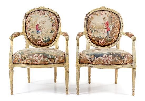 Appraisal: A Pair of Louis XVI Painted Fauteuils Height inches A