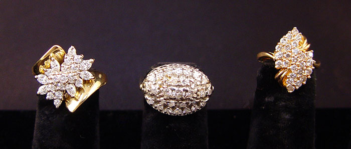 Appraisal: GROUP OF GOLD AND DIAMOND RINGS DIAMOND CLUSTER RING- K