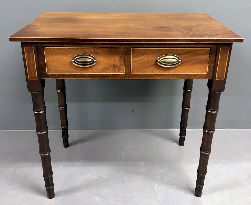 Appraisal: Sheraton Mahogany Two-Drawer Server Sheraton mahogany two-drawer server with bamboo-carved