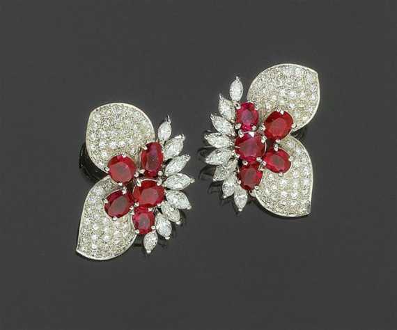 Appraisal: RUBY AND DIAMOND CLIP EARRINGS White gold Classic-elegant clip earrings