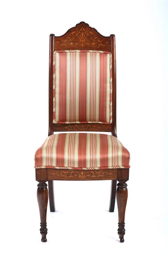 Appraisal: CONTINENTAL MARQUETRY INLAID SIDE CHAIR th century Arching serpentine crest